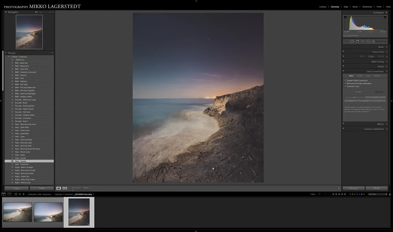 After the panorama has been processed you can apply Lens correction and Presets to it