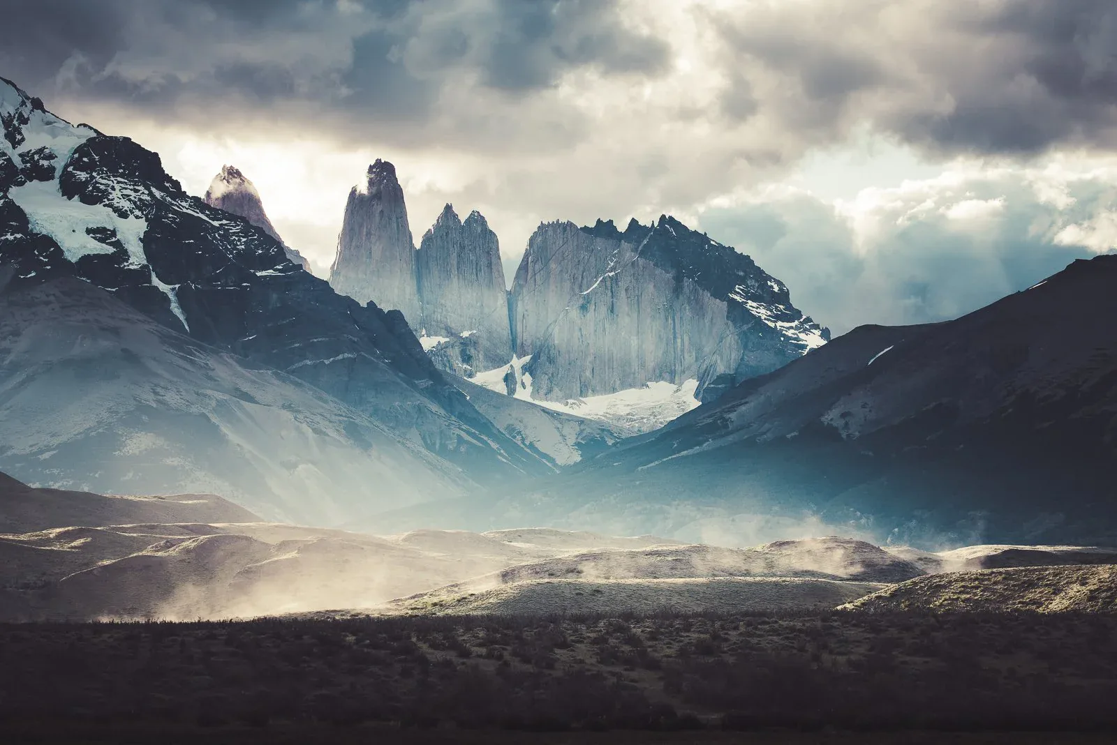 Patagonian mountain range in muted weather for editorial storytelling