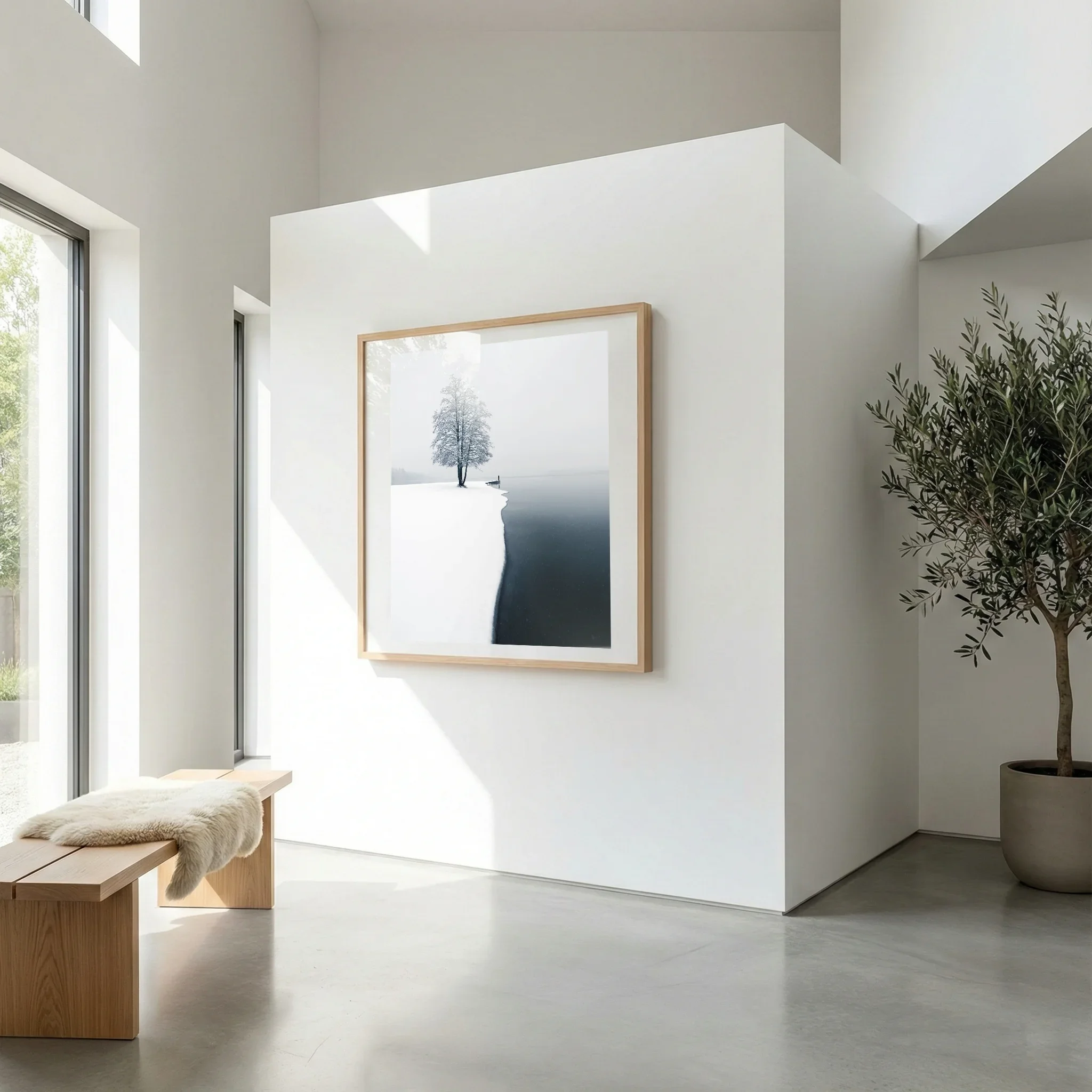 First Snow shown as a framed fine art print on a wall